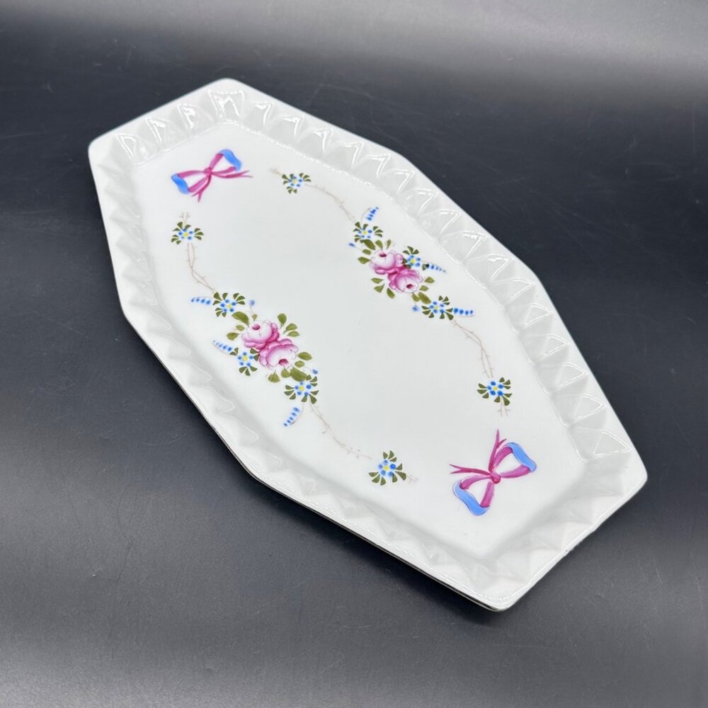Vintage Vanity Tray Floral Bow Hexagonal White Pink Rose Flowers Cottage Granny